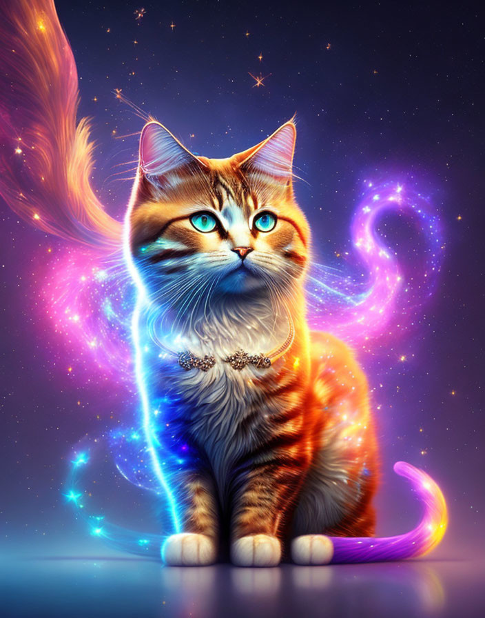 Colorful digital art featuring cat with blue eyes and cosmic elements.