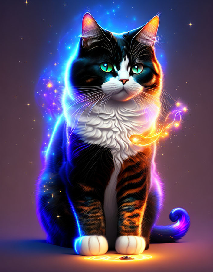 Majestic black and white cat with glowing blue eyes on starry background