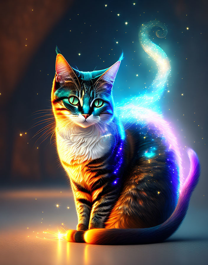 Vibrant digital artwork: Glowing celestial cat on mystical background