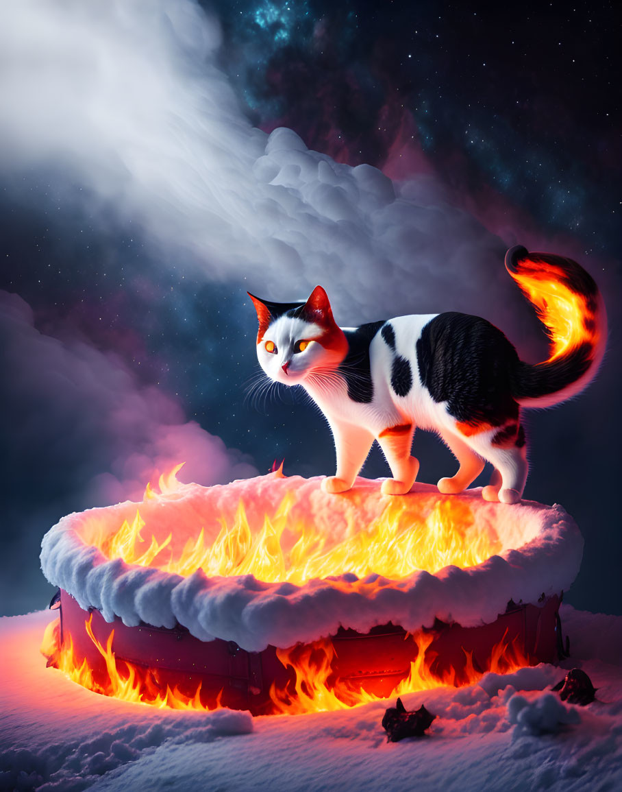 Black and White Cat with Flame-Like Tail on Flaming Platform Against Night Sky