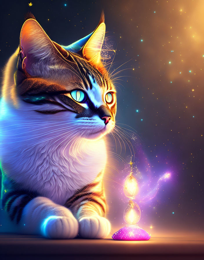 Majestic cat with cosmic patterns beside glowing hourglass in digital art