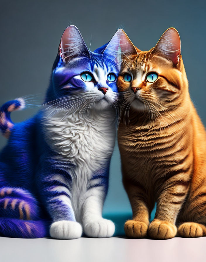 Vividly colored digital illustration of two cats with blue eyes on gradient blue background