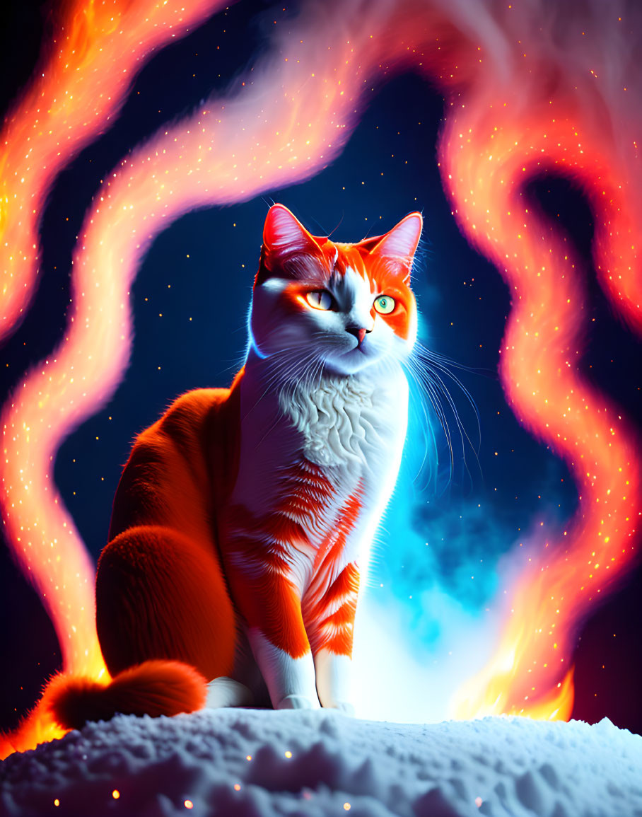 Orange and White Cat with Intense Red Eyes Against Swirling Cosmic Flames