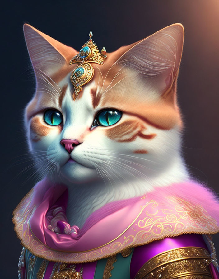 Regal cat with blue eyes in golden tiara and purple outfit