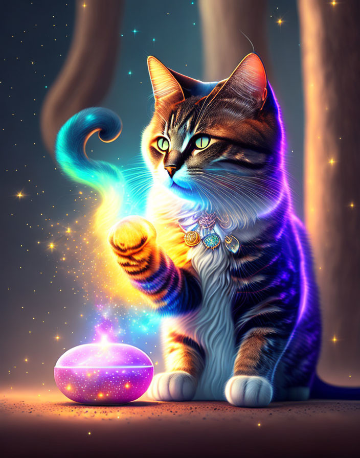 Mystical cat with glowing eyes and amulet in magical ritual