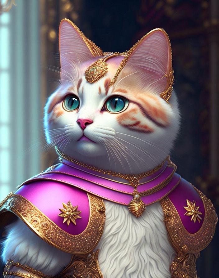 Majestic cat with blue eyes in regal attire on ornate background