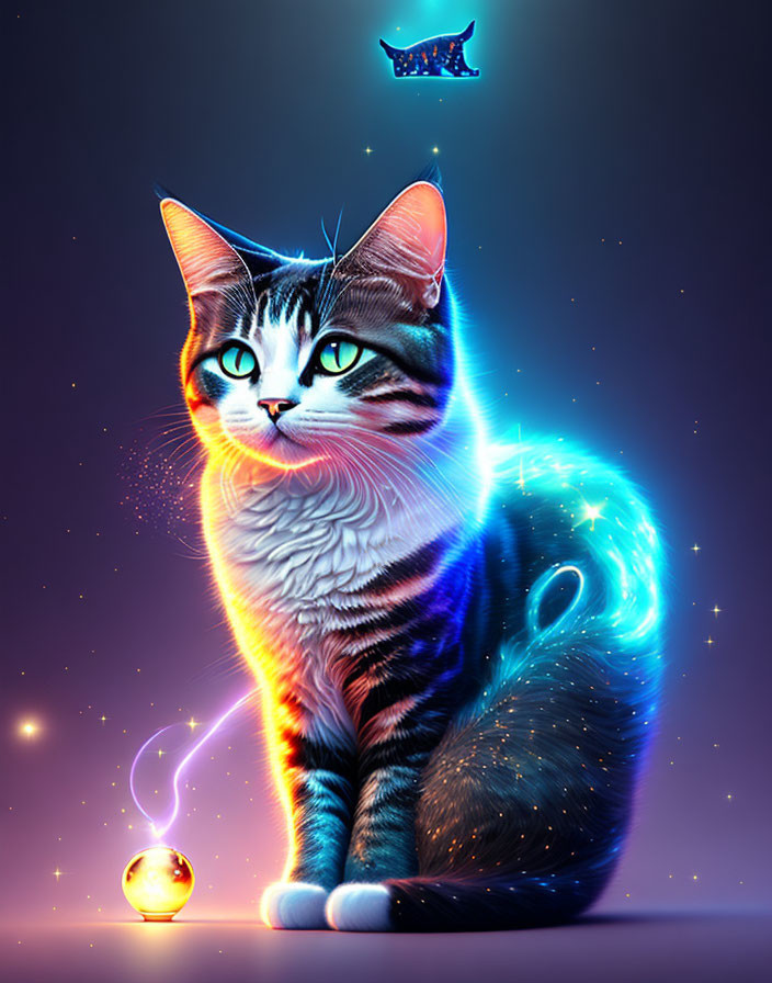 Colorful digital art of glowing cat with cosmic elements on purple background