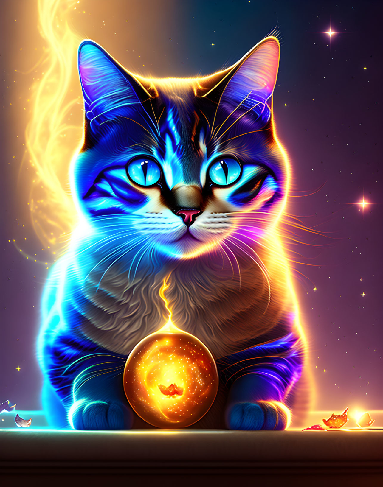 Mystical cat digital illustration with blue eyes and glowing flames