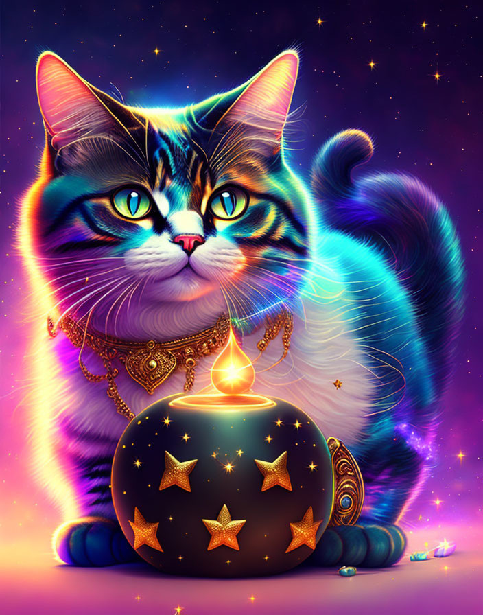 Majestic cat with glowing eyes and golden jewelry beside mystical orb under starry sky