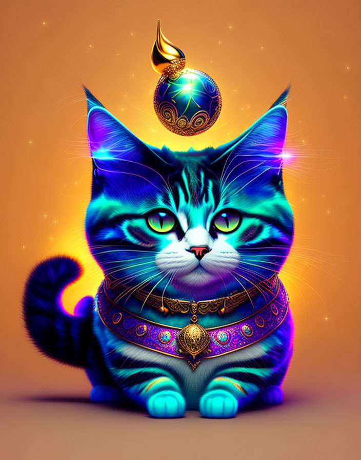 Blue Striped Cat with Golden Patterns and Bejeweled Collar