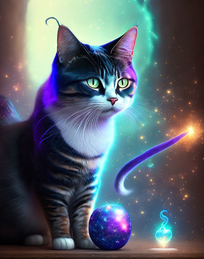 Majestic Cat with Galaxy-Themed Elements and Cosmic Background