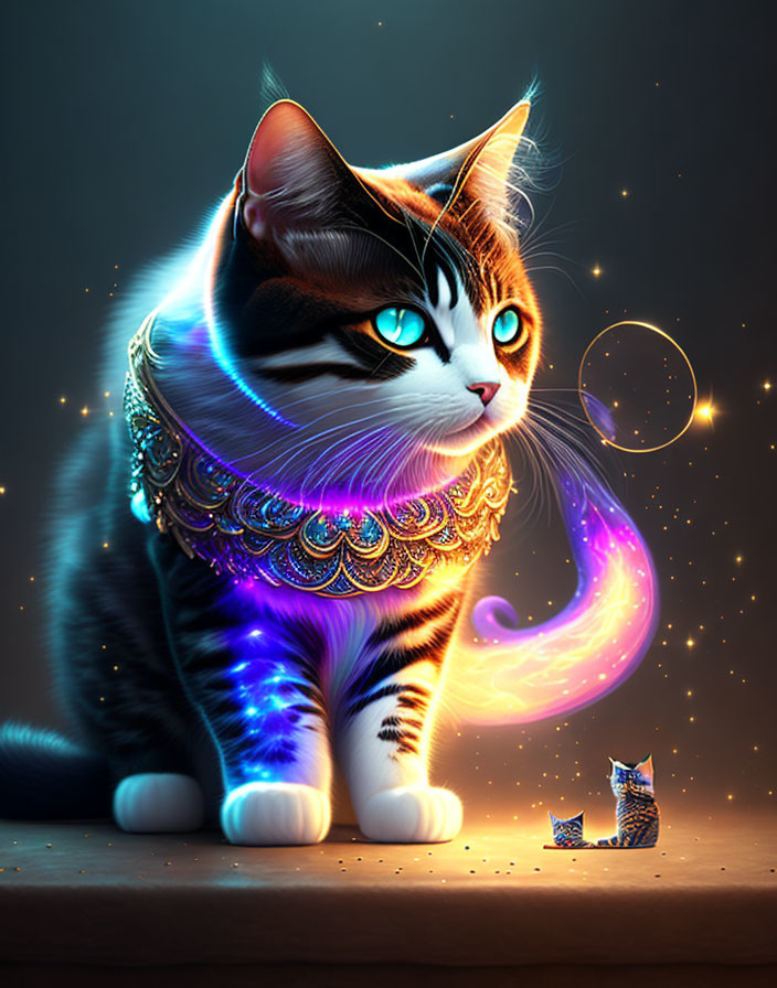 Fantastical cat digital artwork with glowing blue markings and miniature version gazing at a light bubble