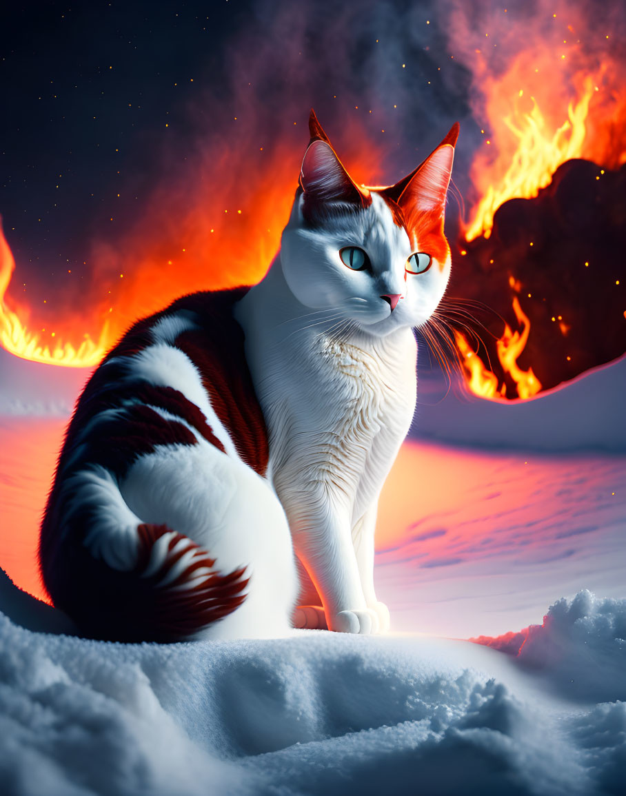 White and Orange Cat with Blue Eyes in Snow with Volcanic Eruption