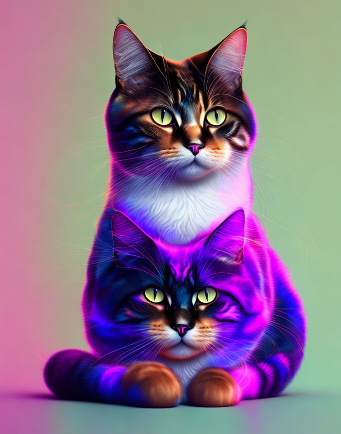 Vibrant digital artwork featuring stylized cats with human-like eyes