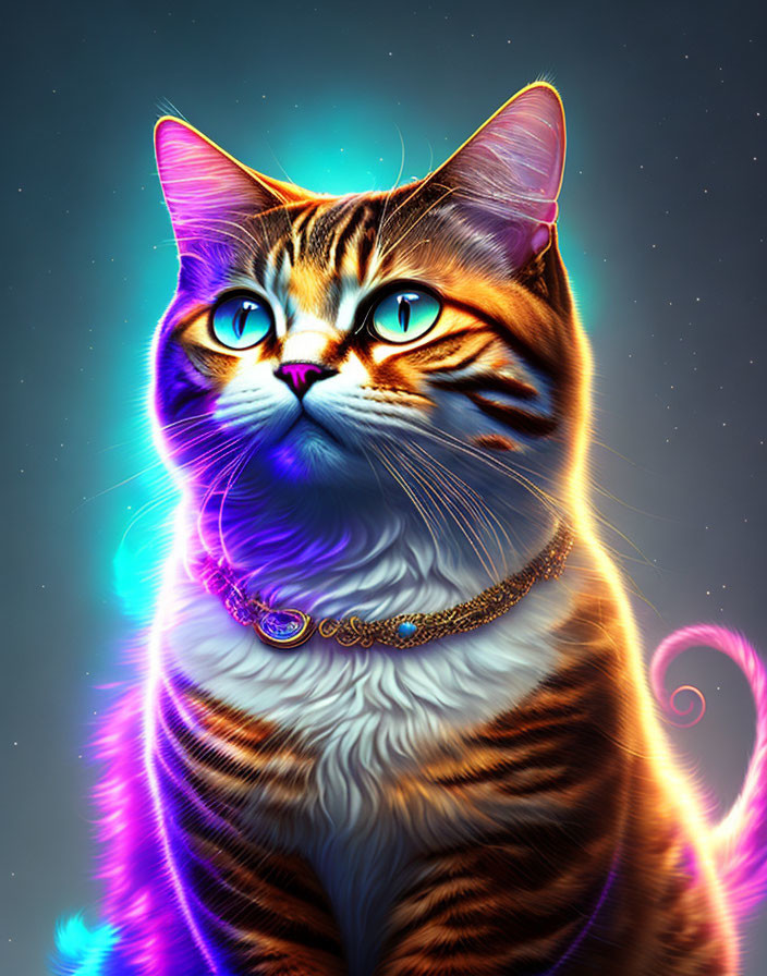 Majestic cat with blue eyes and golden necklace in cosmic setting