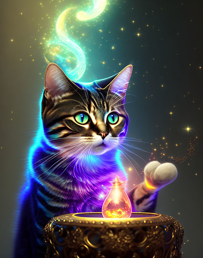 Glowing striped cat conjures energy above vintage table with magical light bulb on starry backdrop