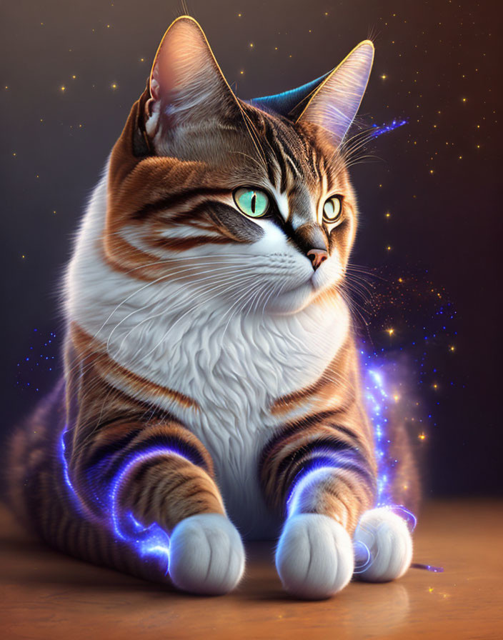 Majestic cat digital artwork with glowing eyes and cosmic energy.