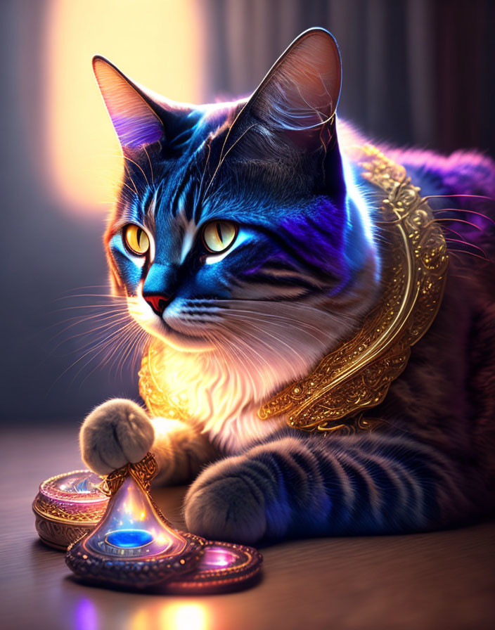 Majestic cat with blue eyes and golden necklace holding magical pendant surrounded by ornate dishes