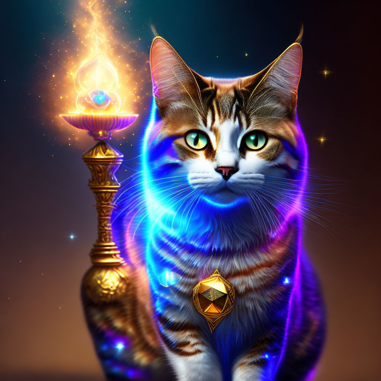 Mystical cat artwork with glowing aura and magical lamp