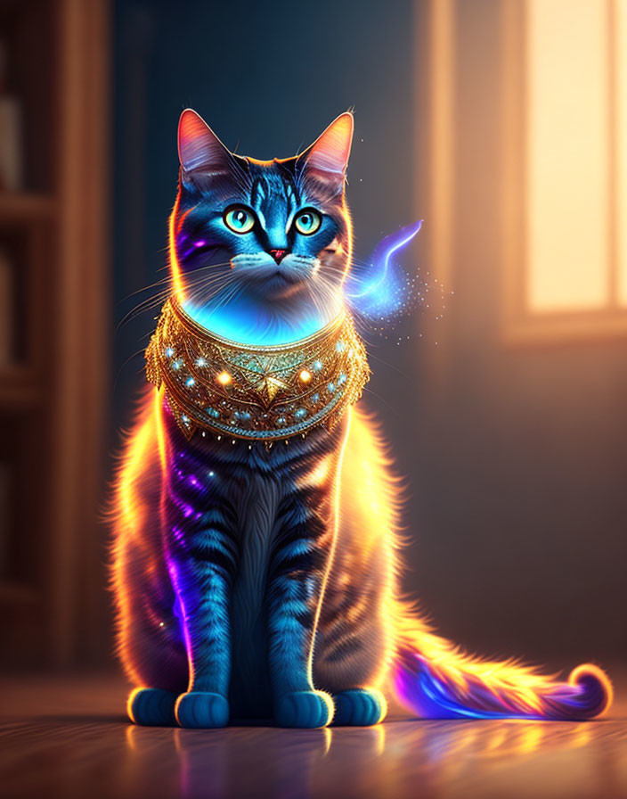 Mystical cat with glowing blue eyes and tail emits magical blue light