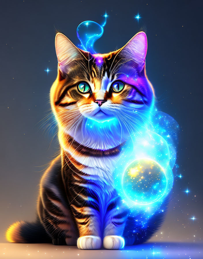 Tabby cat digital artwork with glowing blue eyes in cosmic setting