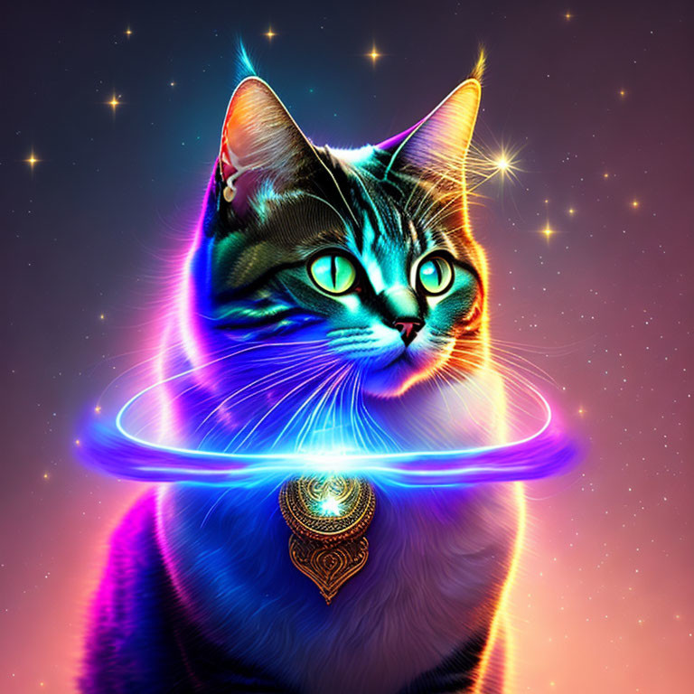 Vibrant Cat Artwork with Glowing Eyes and Cosmic Background