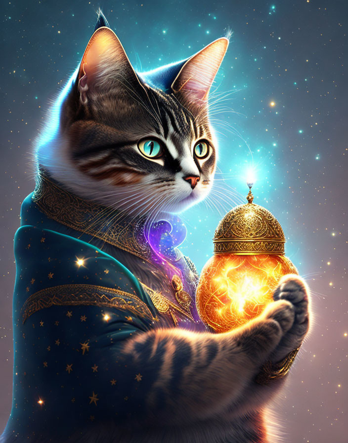 Fantastical cat with green eyes in blue robe holding lantern in cosmic setting