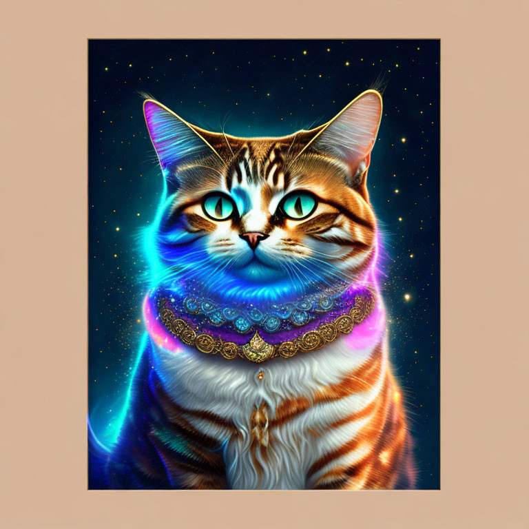 Stylized digital artwork of tabby cat with cosmic aura and decorative collar