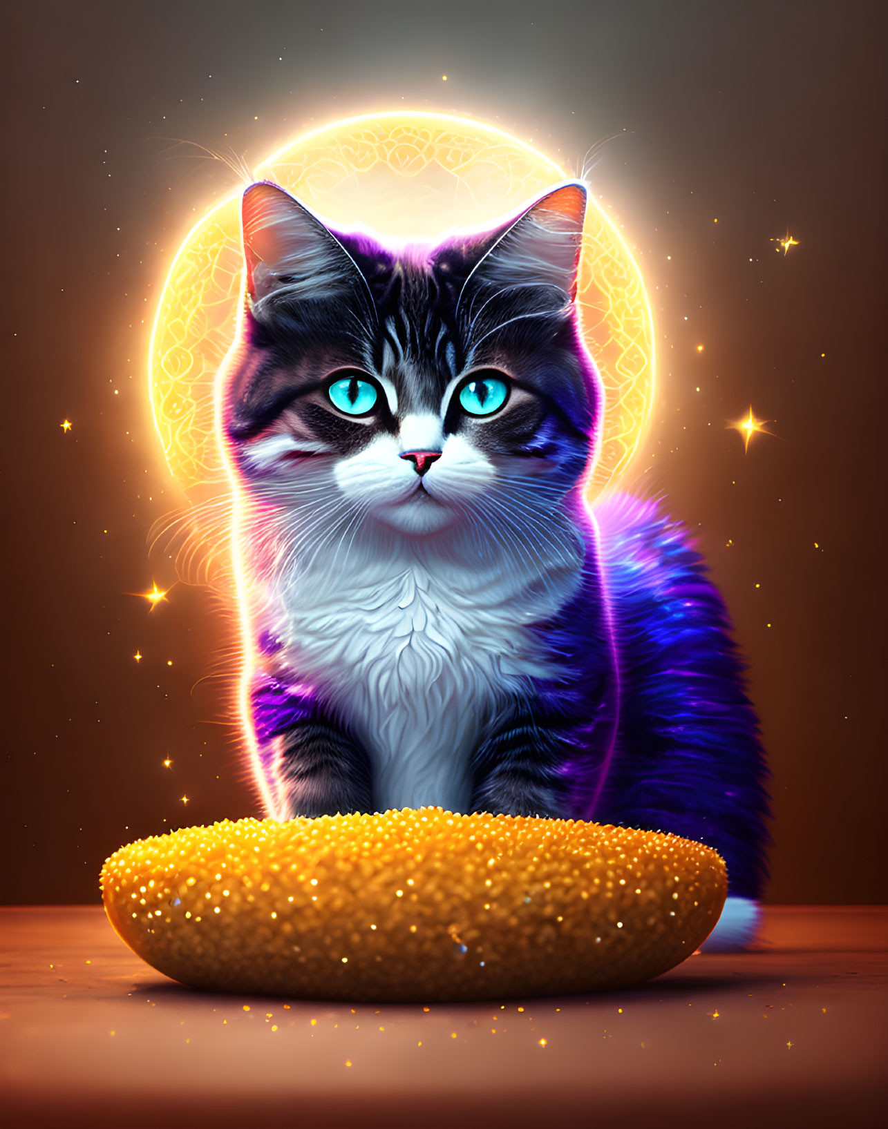 Blue-eyed cat under full moon with stars and golden object