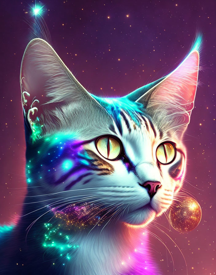 Cosmic-Themed Cat Digital Artwork with Vibrant Colors