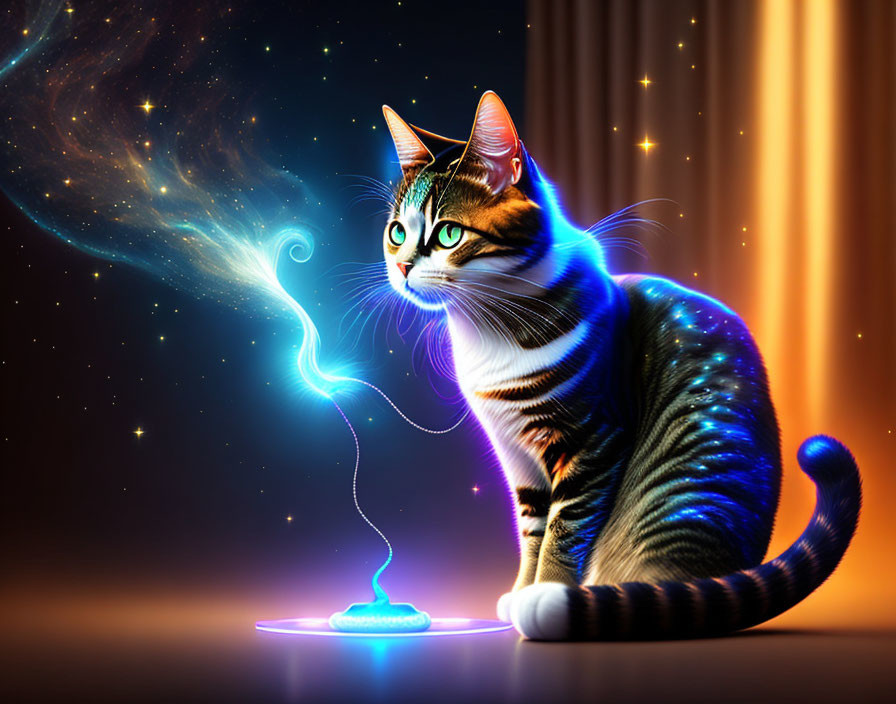 Cosmic Cat Artwork with Stardust Whirl on Starry Background