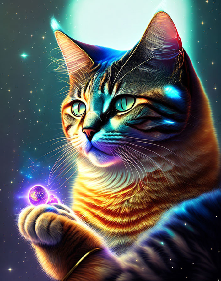 Tabby cat digital art with cosmic theme and glowing orb on starry space backdrop