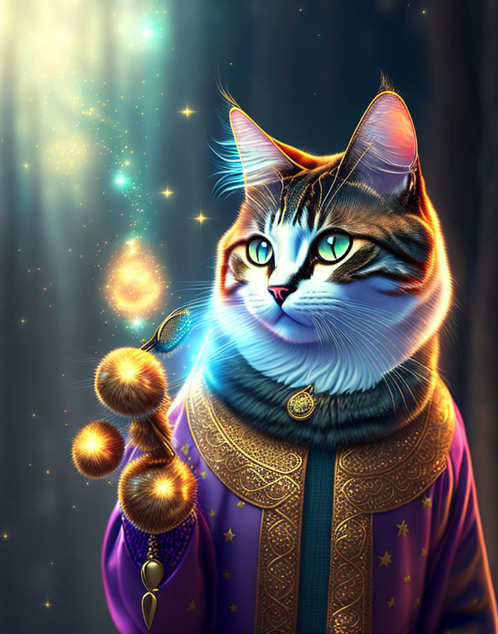 Majestic cat illustration in purple-golden robe with green eyes and magical staff