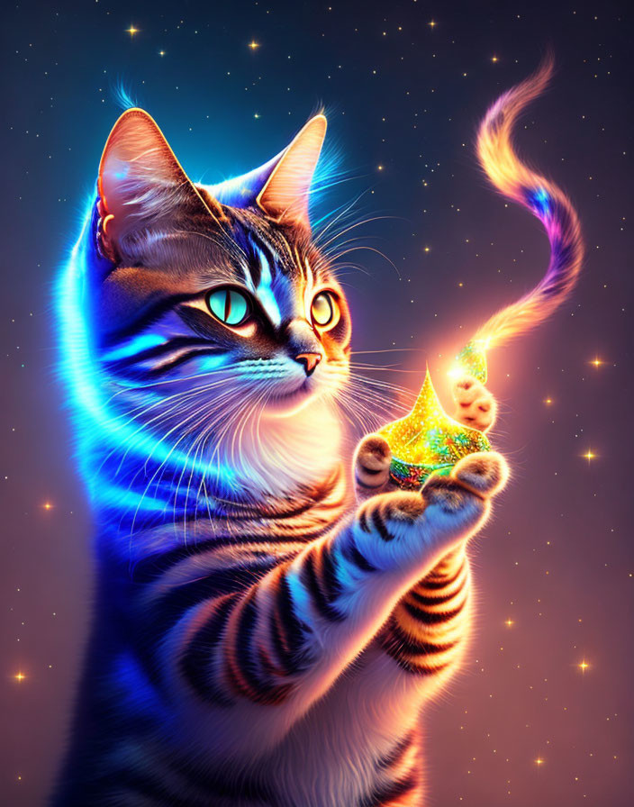 Tabby cat with glowing star-filled orb and cosmic backdrop