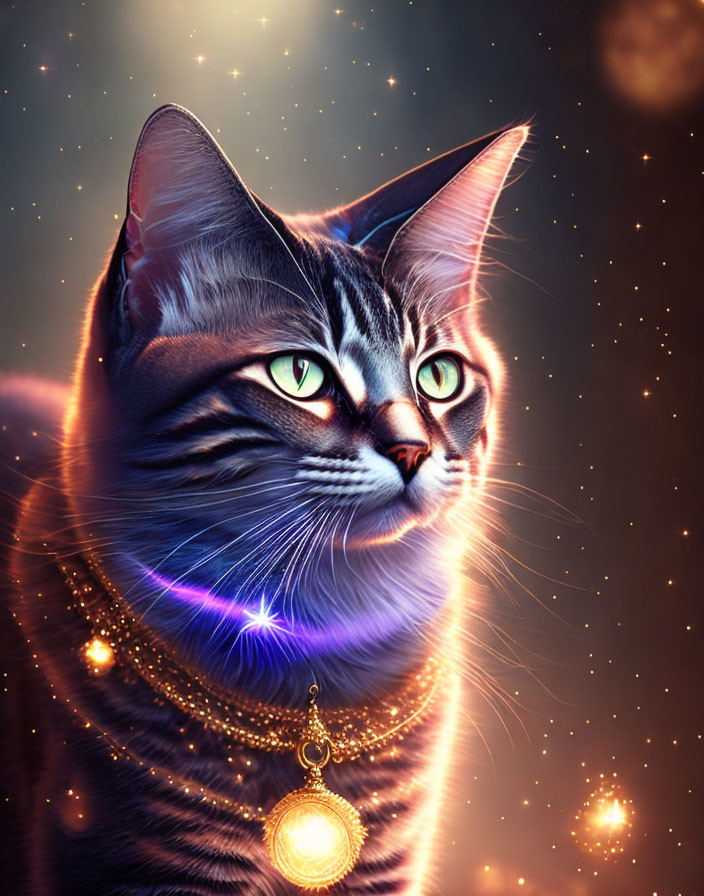 Majestic tabby cat with glowing green eyes and golden necklace in cosmic setting