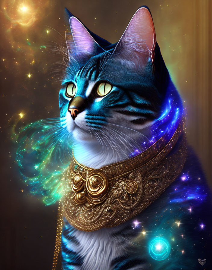 Majestic cosmic-themed cat with golden collar and striking eyes surrounded by stars and nebulae.