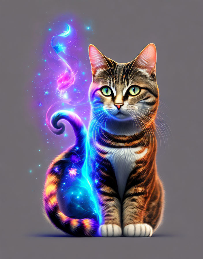 Tabby cat digital art with cosmic pattern and blue swirl