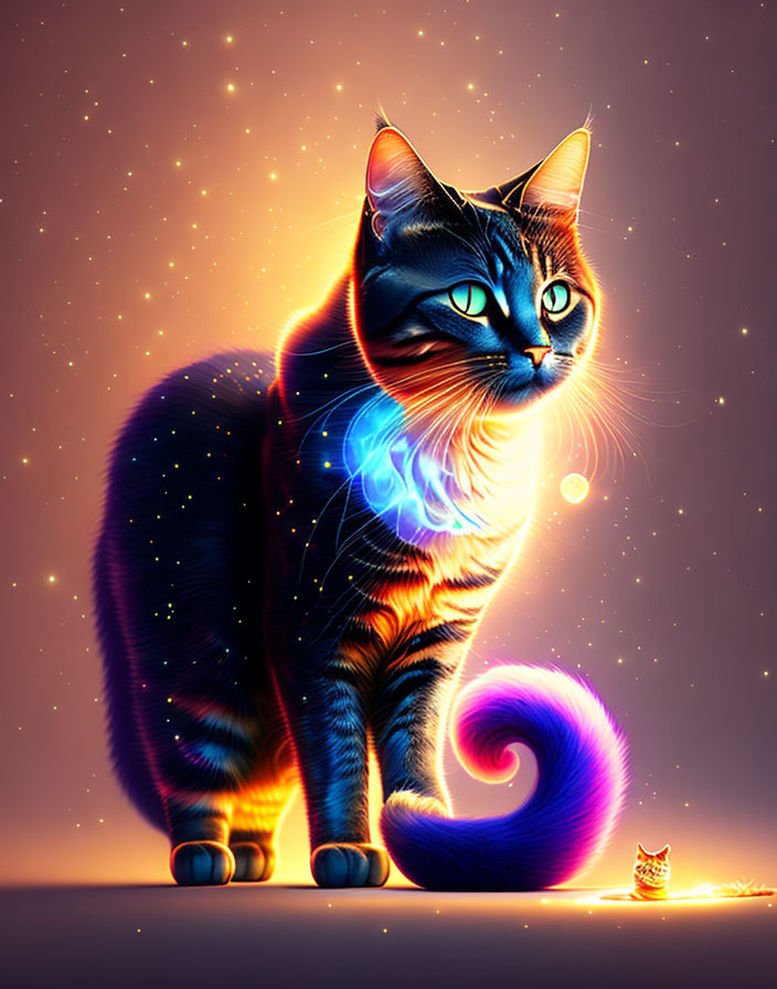 Cosmic-themed cat digital illustration with vibrant starry body