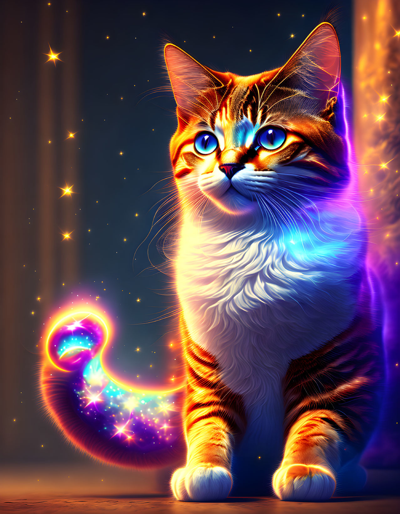 Digital art: Orange tabby cat with blue eyes in cosmic setting