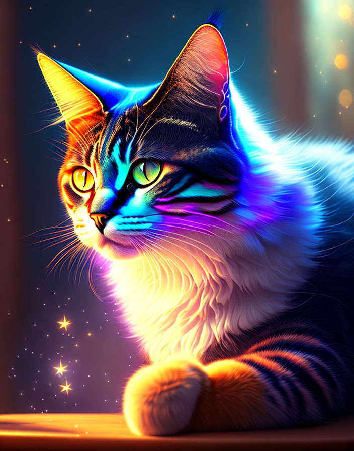 Colorful Neon Cat Artwork with Cosmic Theme