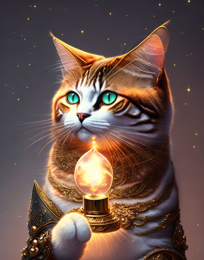 Majestic cat in golden armor with green eyes and glowing orb on starry background