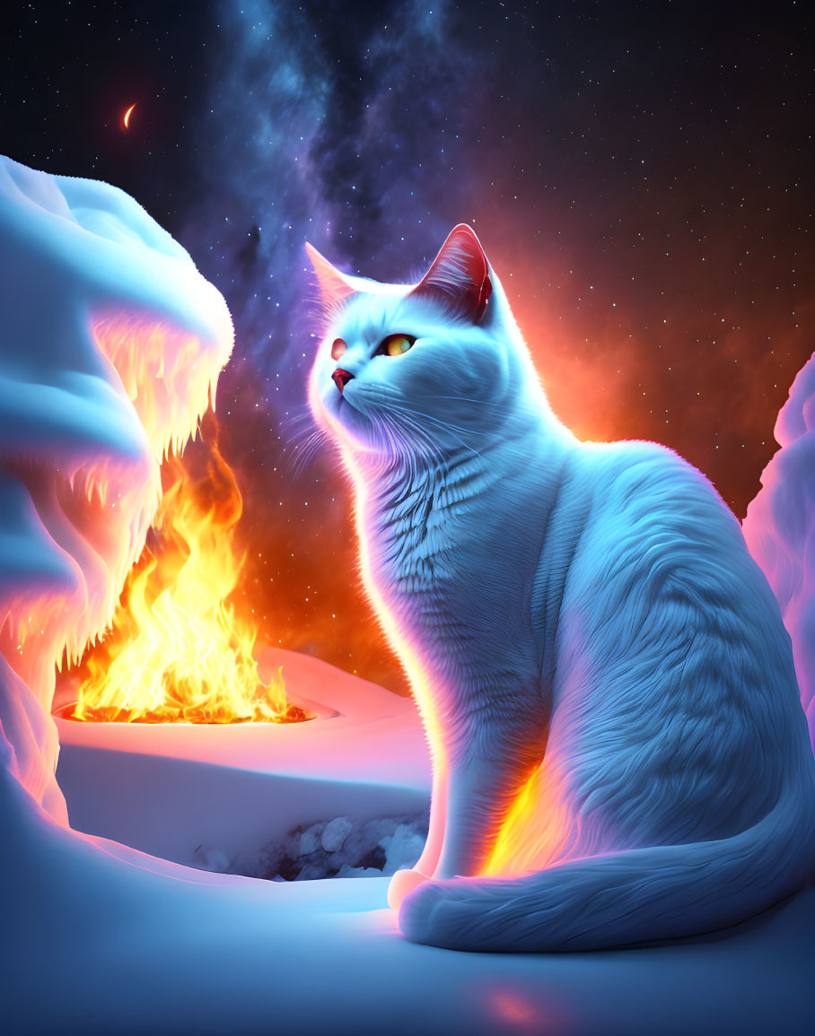 White Cat by Fiery Crater: Glowing Fur in Surreal Landscape