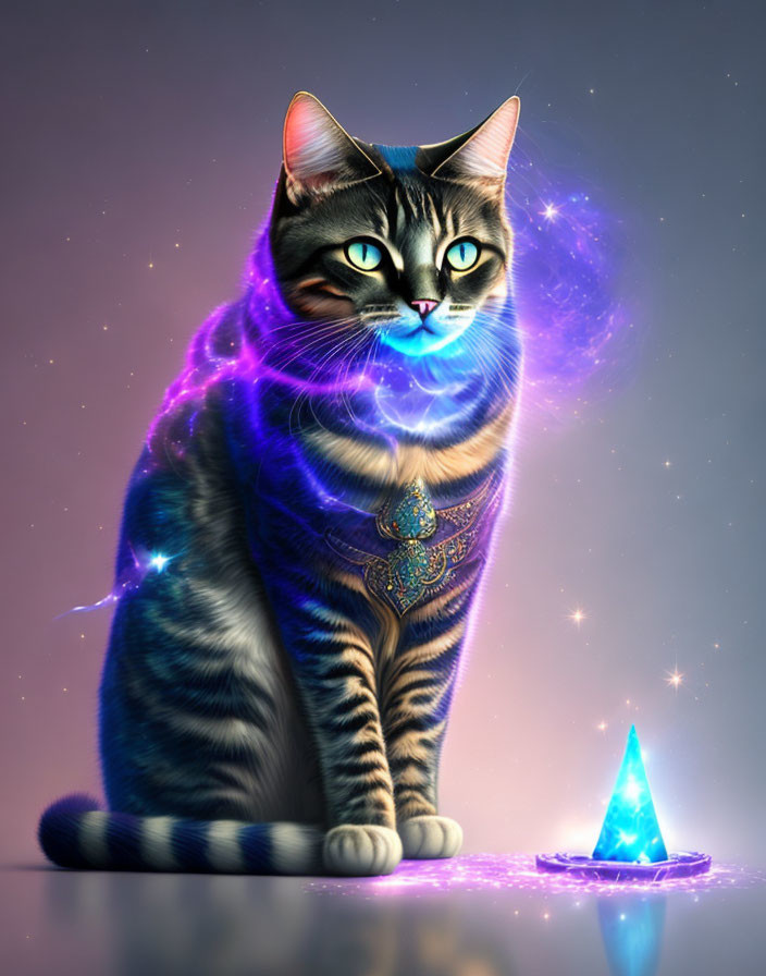 Mystical cat with ornate collar and blue crystal gaze