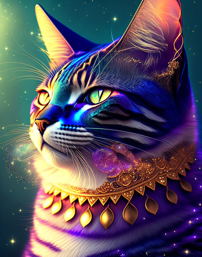 Majestic digital artwork: Cat with blue eyes & golden jewelry on cosmic background