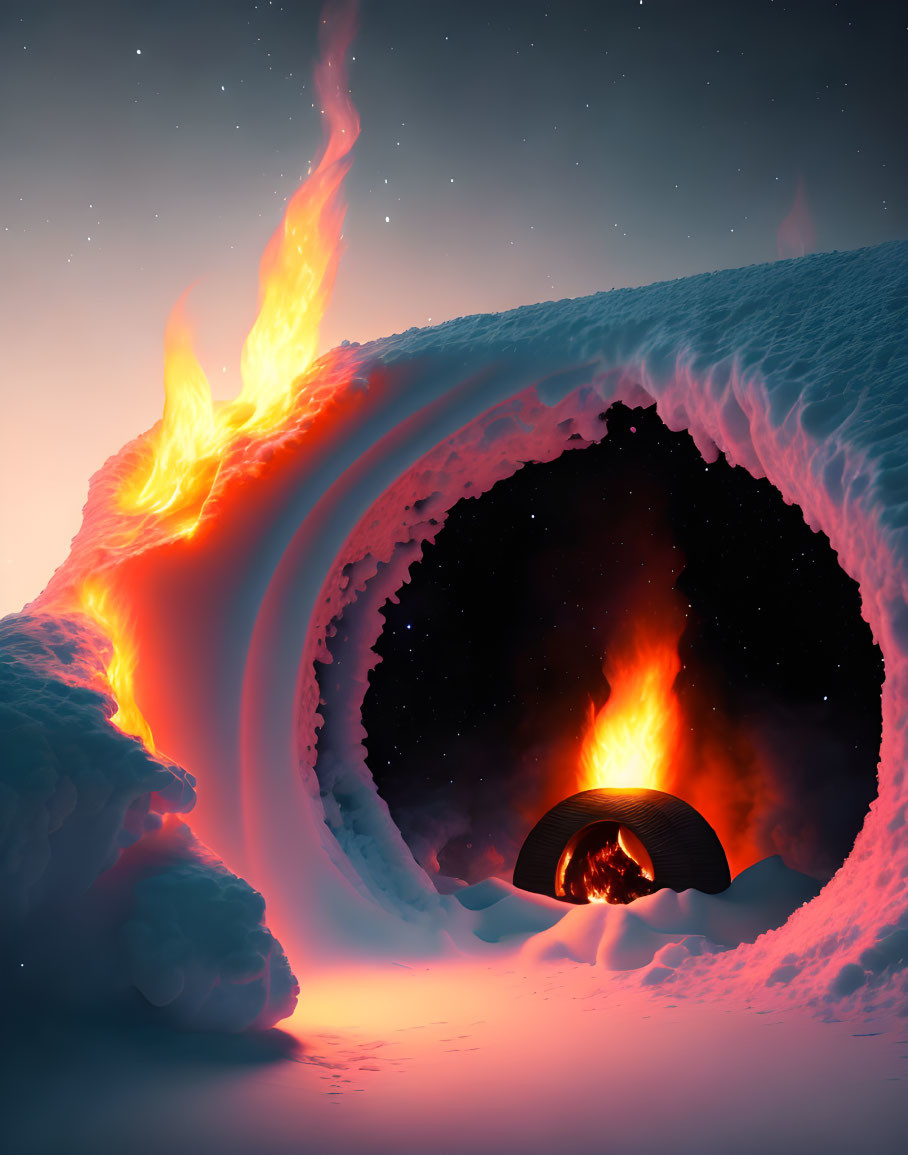 Surreal snowy terrain with fiery ring portal under dusk sky