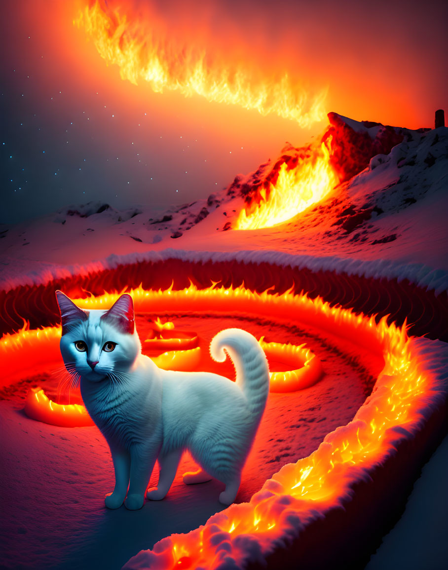 White Cat with Blue Eyes in Snowy Landscape with Lava Flow at Night