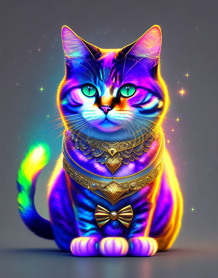 Colorful Cat with Blue and Purple Stripes on Starry Background