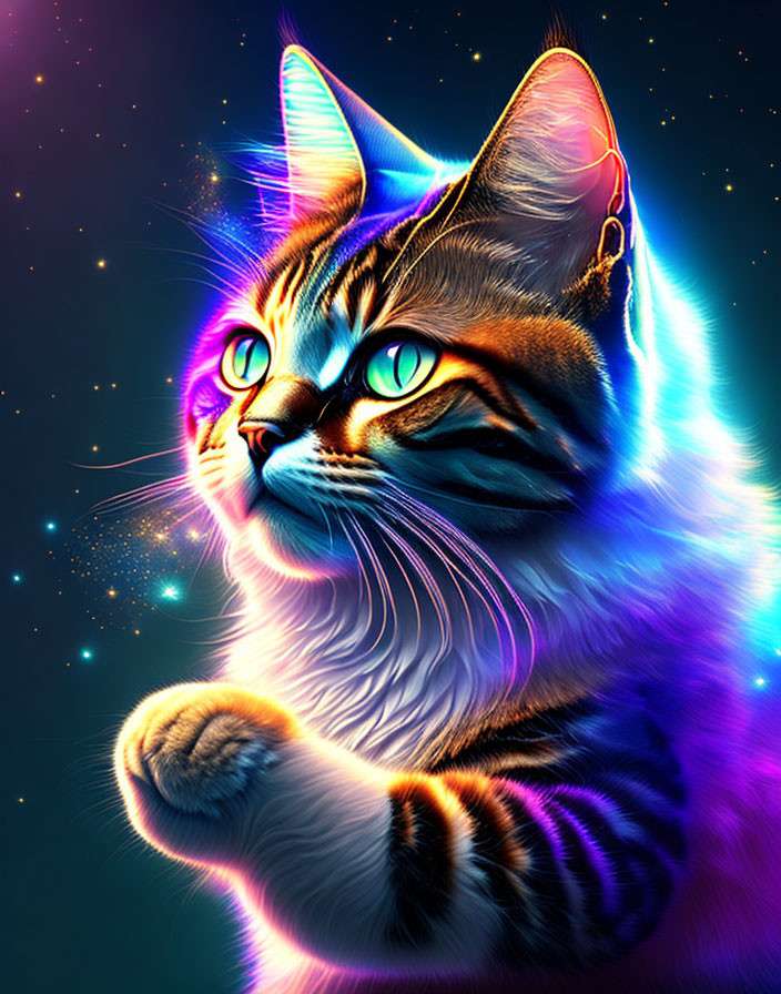 Colorful digital cat artwork with cosmic background and green eyes