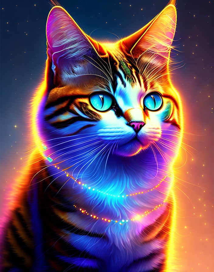 Colorful digital artwork: Cat with neon stripes and cosmic backdrop