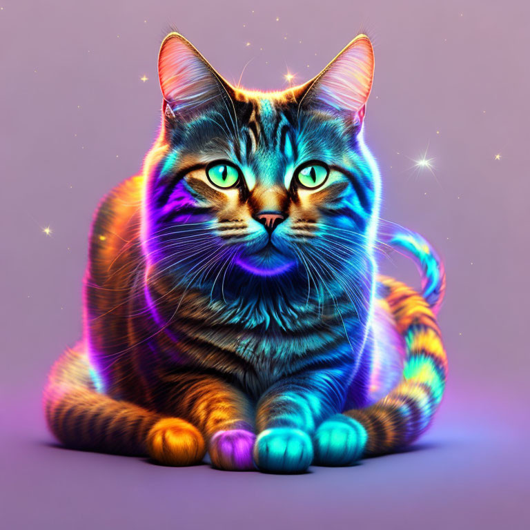 Colorful Cat with Neon Fur on Purple Background